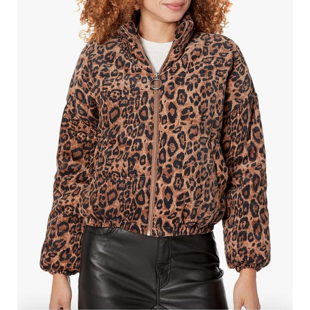 RTR Rent the Runway Corduroy Cropped Puffer Jacket Animal Print Leopard S